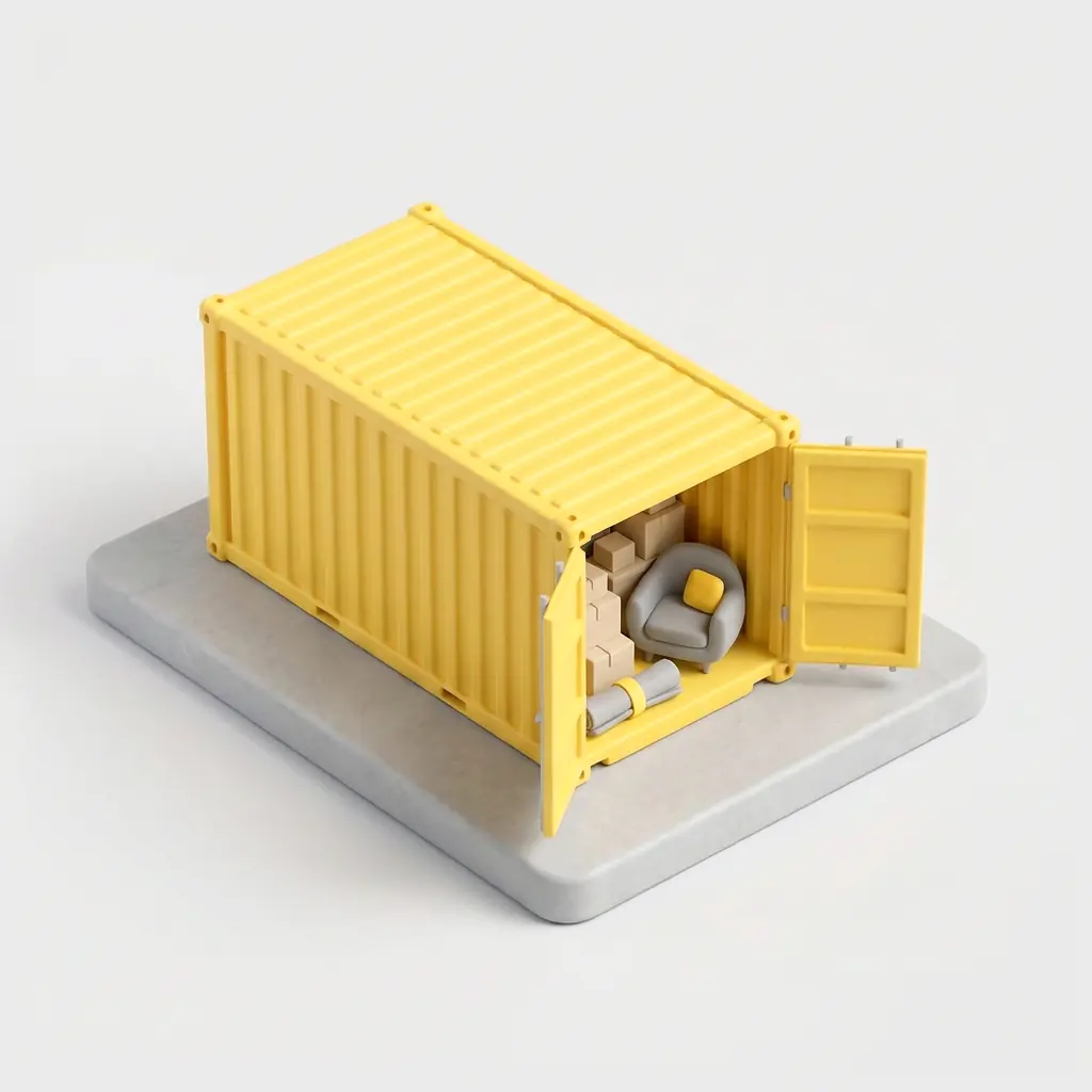 Ilustración de un container amarillo con las puertas abiertas y cajas adentro