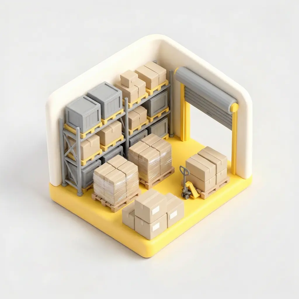 Ilustración de un depósito para importadores: pallets con cajas embaladas, un rack y una zorra hidráulica