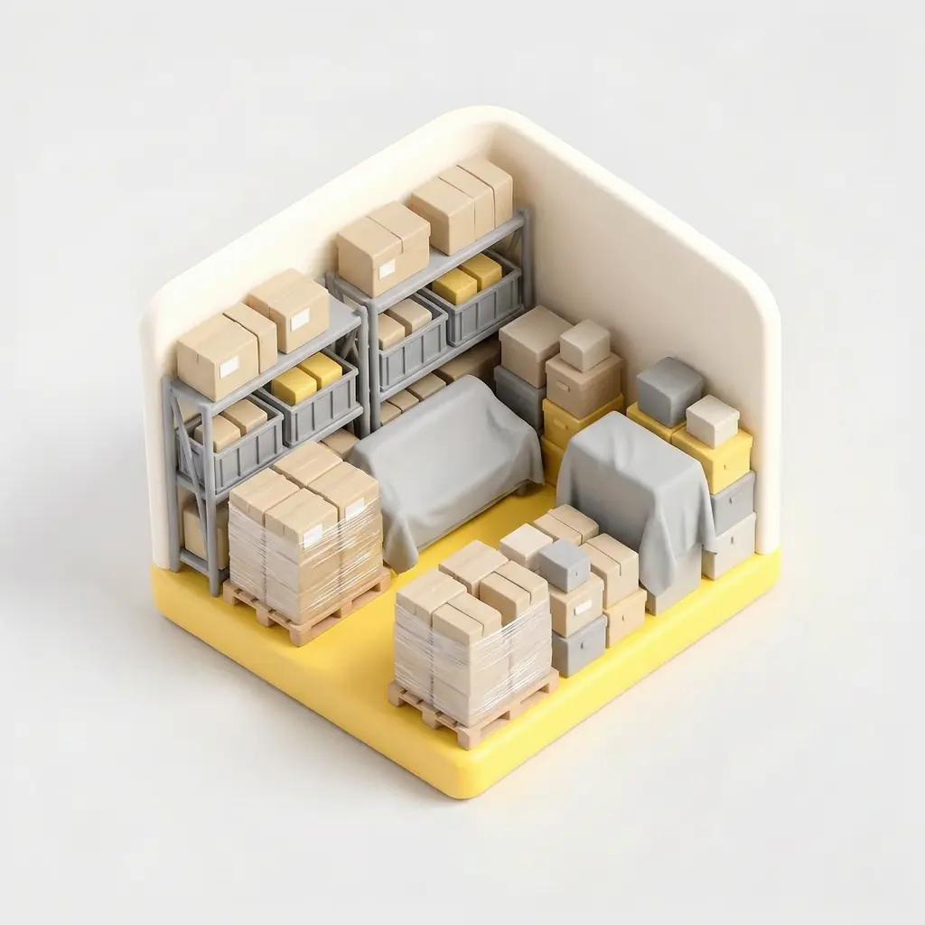 Ilustración de una baulera Maxi con estanterías, pallets, muebles cubiertos y cajas